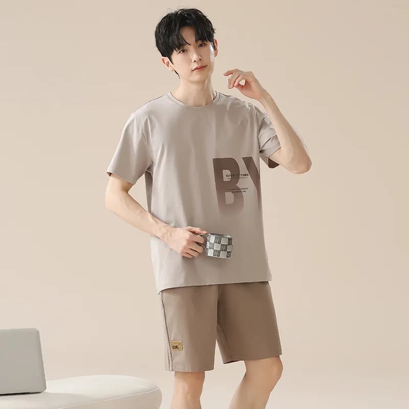 Pigiama da uomo in cotone con stampa a lettere, set 2 pezzi: T-shirt a maniche corte e pantaloncini. Nuovo pigiama estivo comodo per casa e notte.