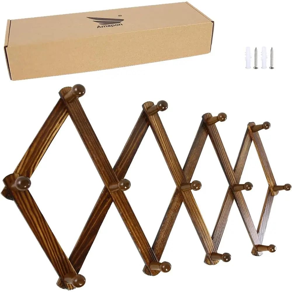 Accordion Style Expandable Wall Wooden Coat Rack 13 Hooks Hang Hats Coffee Mugs Keys Plates Towels Leash Scarves Data Line Kitch