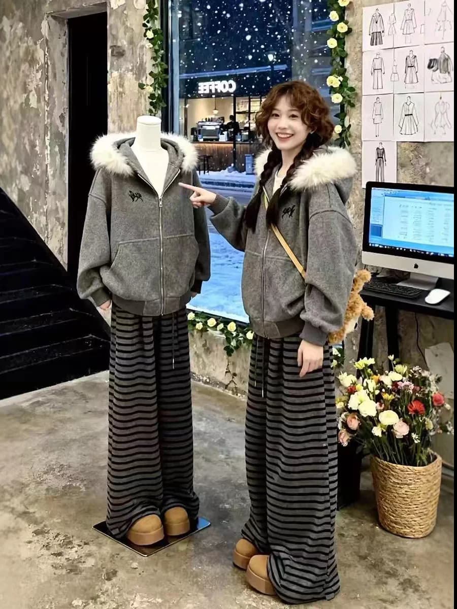 Completo Sportivo Coreano da Donna: Giacca con Cappuccio e Pantaloni a Righe, Set Due Pezzi Autunno Inverno, Caldo e Casual, Vita Alta con Cerniera