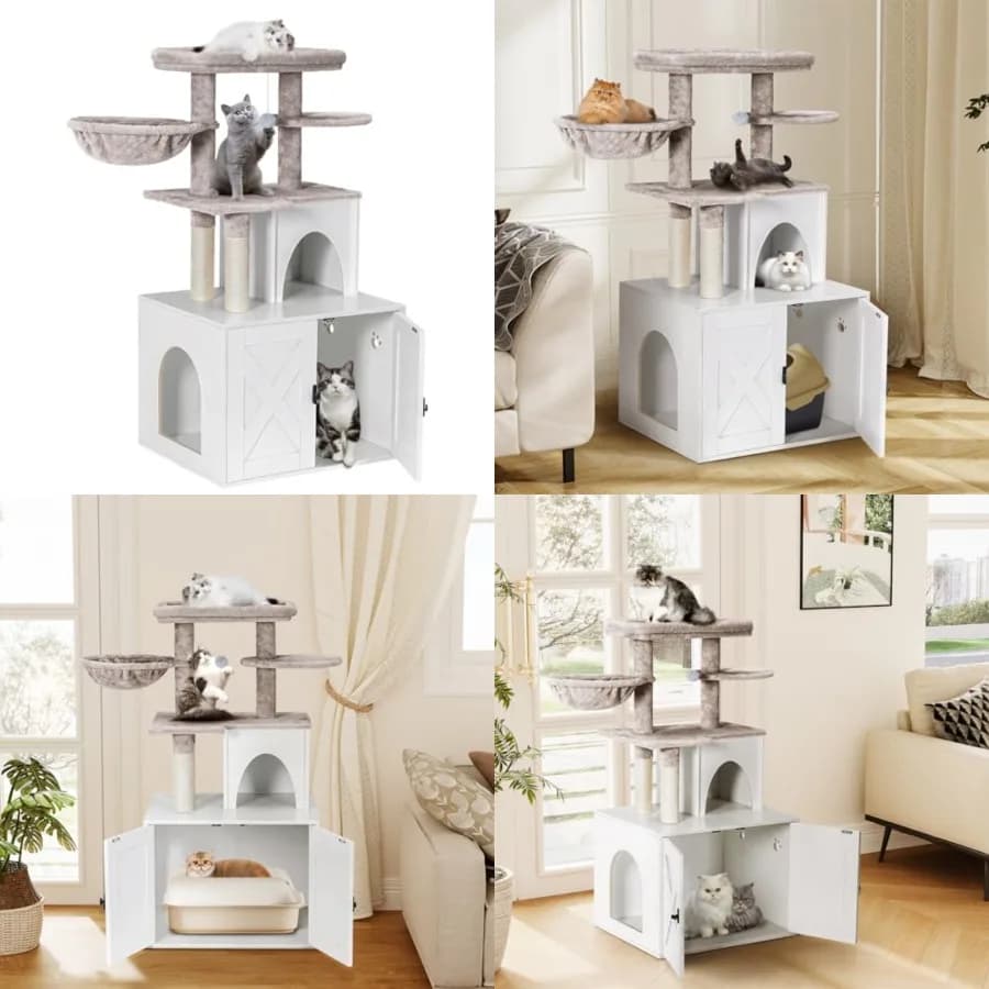 Mobiletto per lettiera per gatti con torre e casetta per gatti, mobiletto bagno nascosto con tiragraffi in sisal e morbido peluche