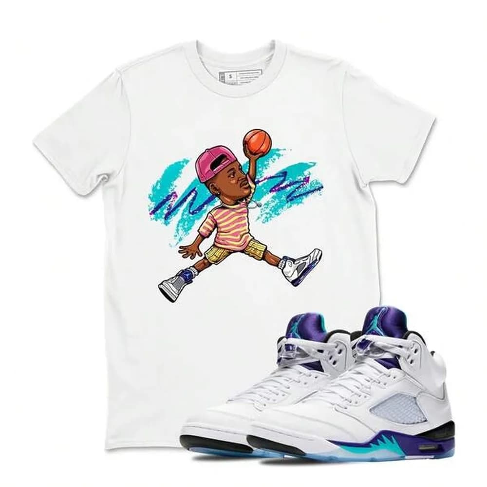 Sneaker Label Jordans 5 Grape Sneaker Matching Tshirt, Jordans 5 Grape T Shirt Match Fresh Prince Jumpman, Sneaker Label Jordans 5 Grape White