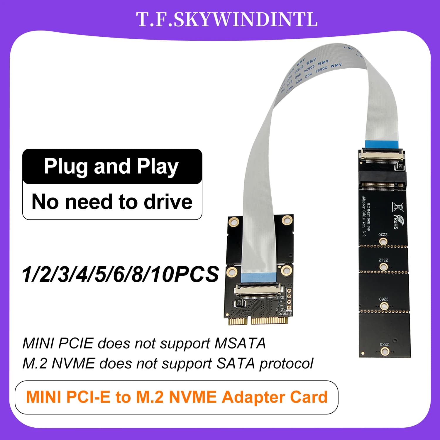 Mini PCI-E to M.2 NVMe SSD Adapter Card MINI PCIE to M.2 NVMe Extension Cable Suitable for 2230 2242 2260 2280 SSD