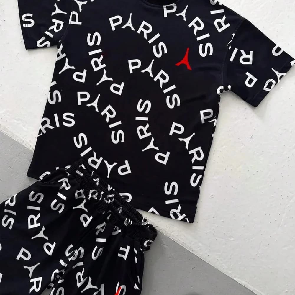Completo Casual da Uomo con T-Shirt a Maniche Corte e Stampa Lettering, Pantaloncini, Maglietta Grafica Paris, Abbigliamento Sportivo Trendy per Esterni