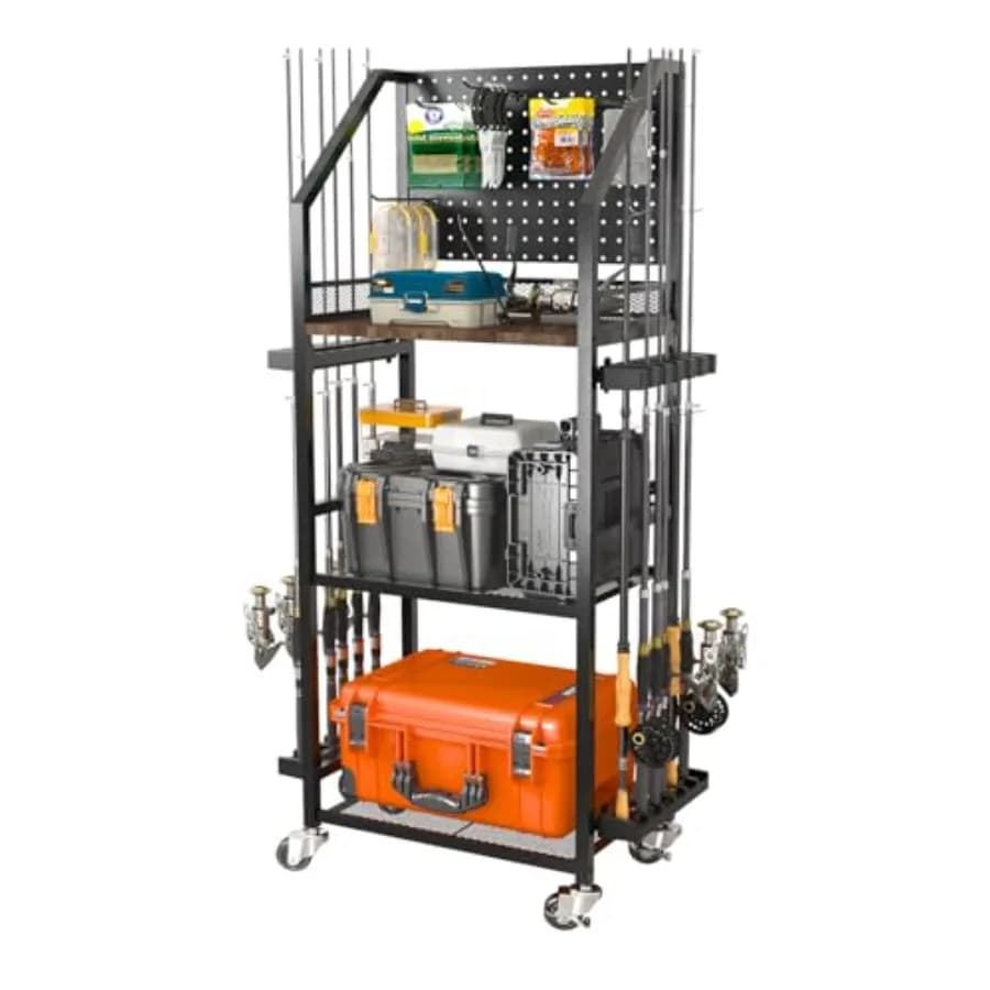 Portacanne da Pesca per Garage, Supporti per Canne da Pesca fino a 12 Canne con Pannello Forato e Ganci, Carrello da Pesca con Ruote, F