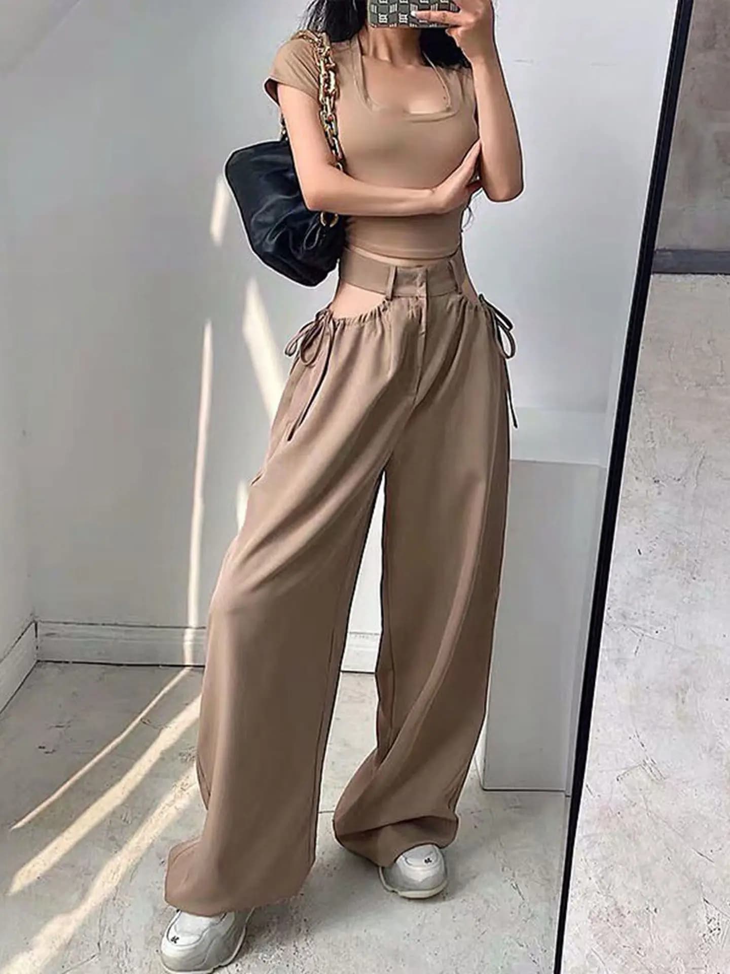 Pantaloni a Gamba Dritta da Donna a Vita Alta con Cintura Drappeggiata, Stile Street, Tinta Unita, Larghi e Comodi, Moda Casual