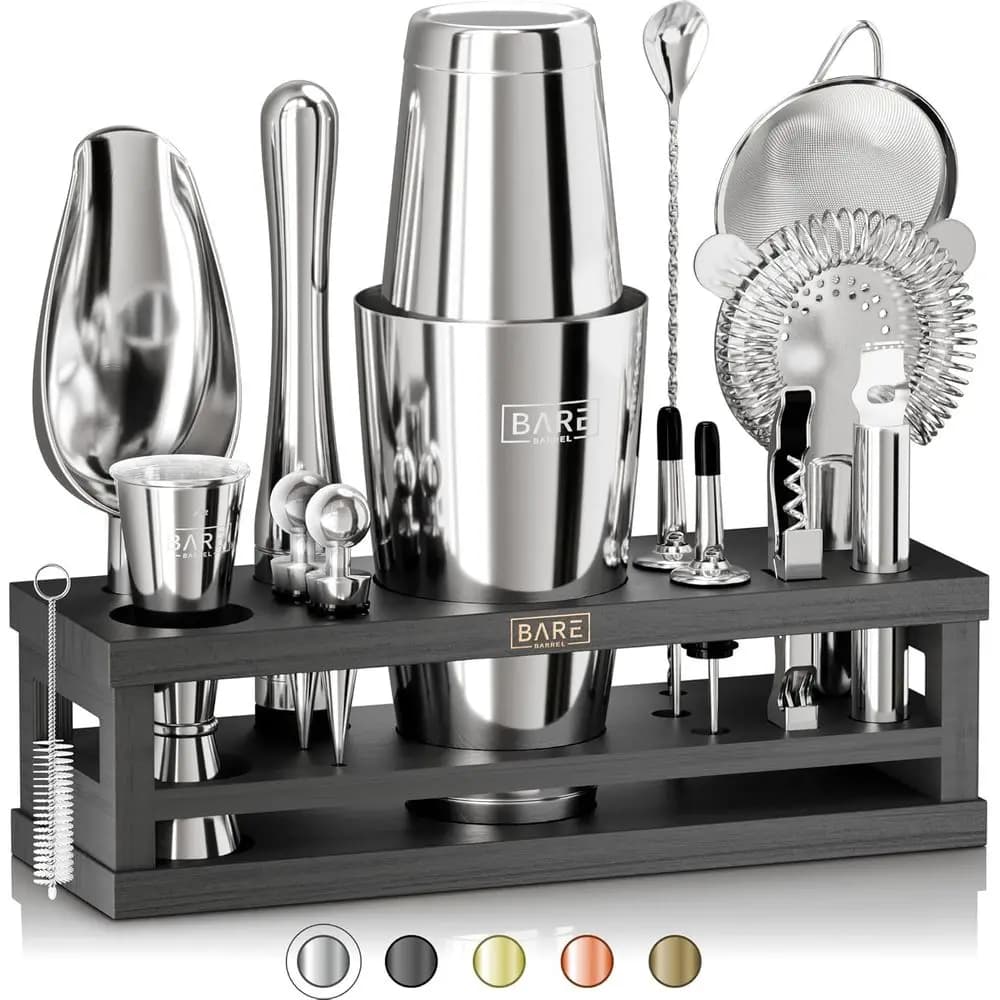 Set da Cocktail 16 Pezzi | Shaker Boston da 28oz | Argento/Nero | Kit da Barman Premium per Casa con Strumenti per Miscelare e 35 Ricette C