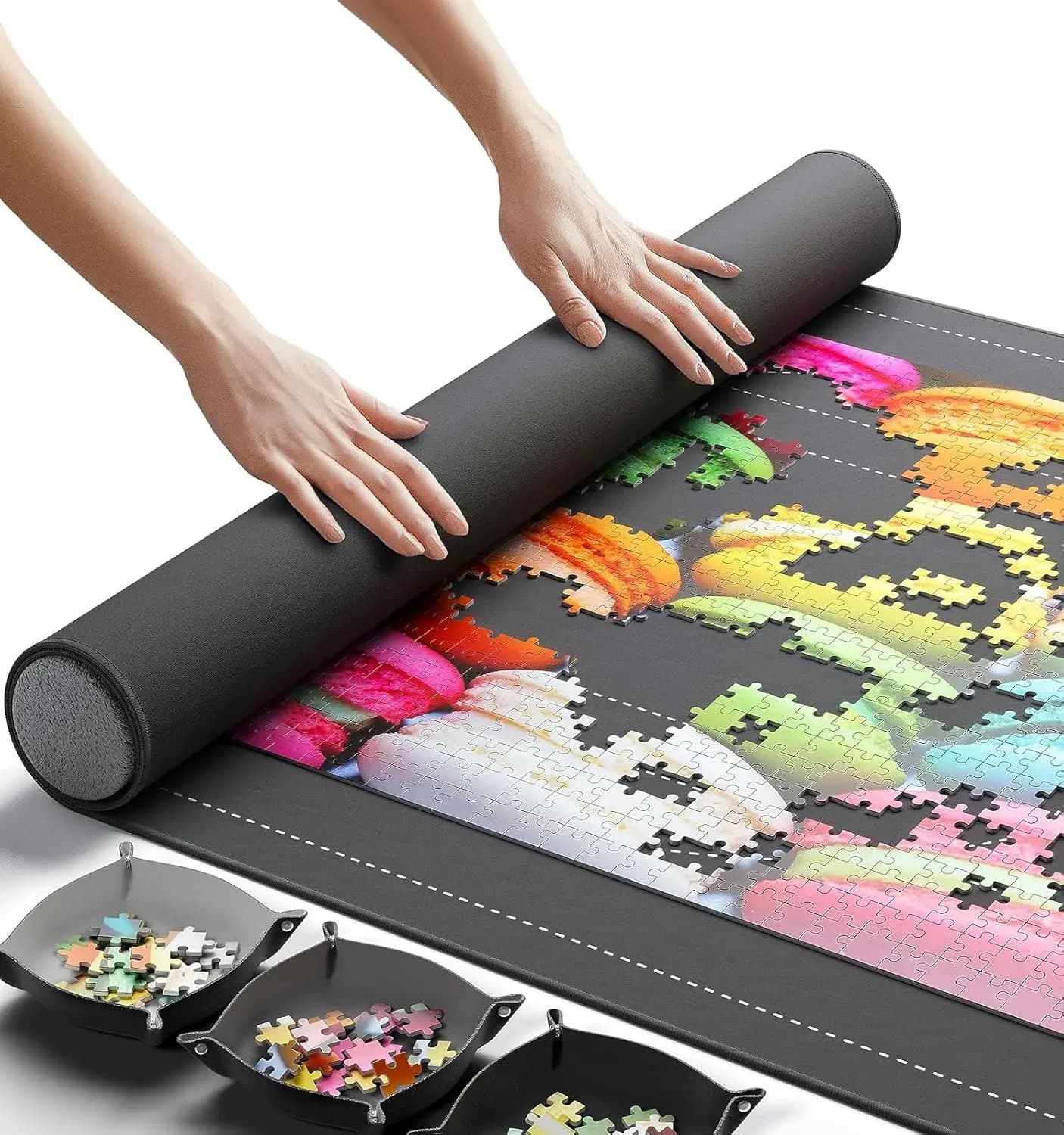 Tappetino portatile arrotolabile per puzzle, 46x26 pollici con fondo antiscivolo e vassoi per la cernita, per un massimo di 1500 pezzi