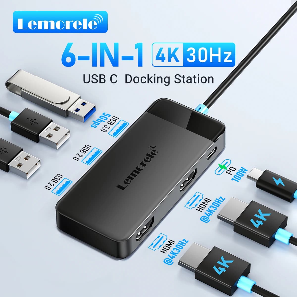 Lemorele Hub USB C 6-in-1, Docking Station 4K con Doppia HDMI DP 4K per Laptop MacBook Dell HP, Adattatore Multi-Monitor USB 3.0 con PD 100W