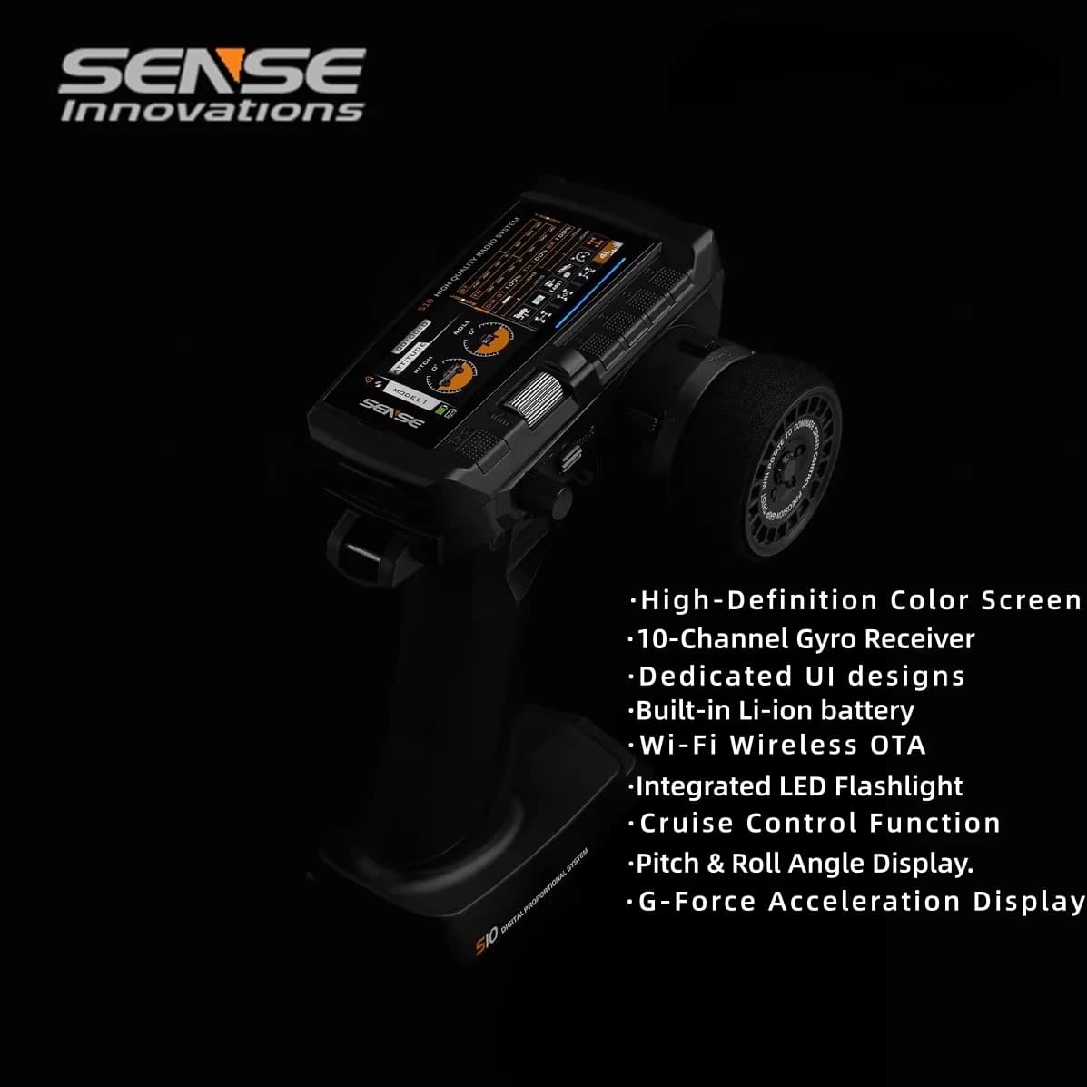 Radiocomando Originale SENSE S10 a 10 Canali con Giroscopio, Trasmettitore con Funzioni Cruise/Angolo di Inclinazione/Valore G/WIFI OTA per Auto RC