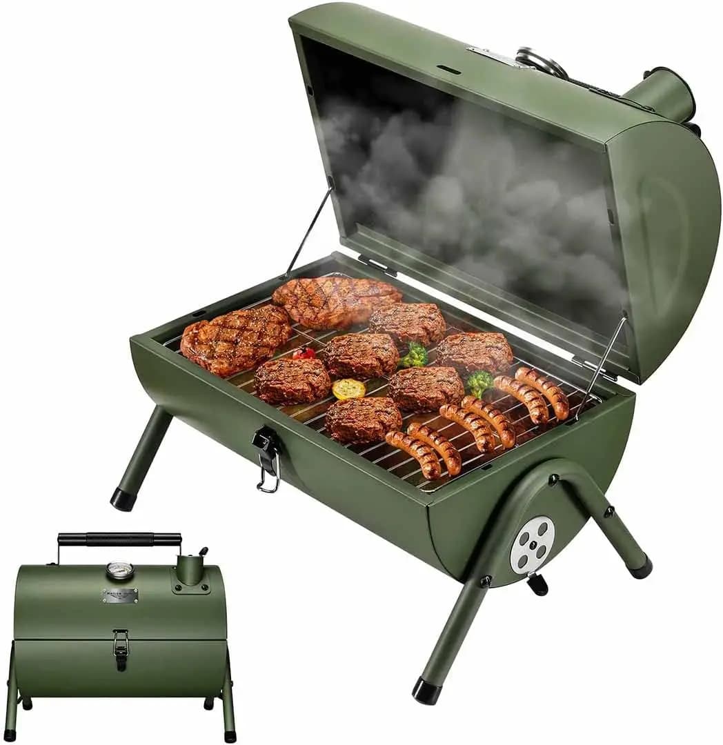 Griglia a Carbone Portatile Regolabile con Termometro per Barbecue all'Aperto, Escursionismo e Picnic, Verde
