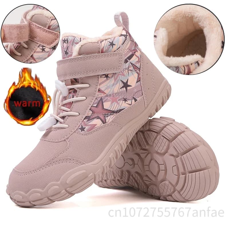 Stivali da neve per bambini a piedi nudi Scarpe impermeabili in cotone con punta larga Scarpe invernali foderate in pelliccia calda per ragazzi e ragazze Sneaker da esterno per la stagione fredda