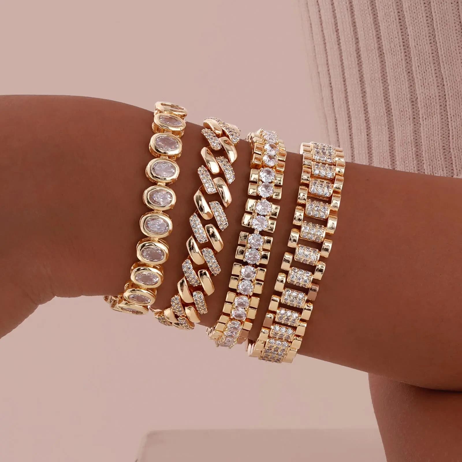 Bracciale a catena Paperclip placcato oro 14K con zirconi cubici, cinturino per orologio, maglie spesse, regolabile, impilabile, gioielli per donna e ragazza, idea regalo
