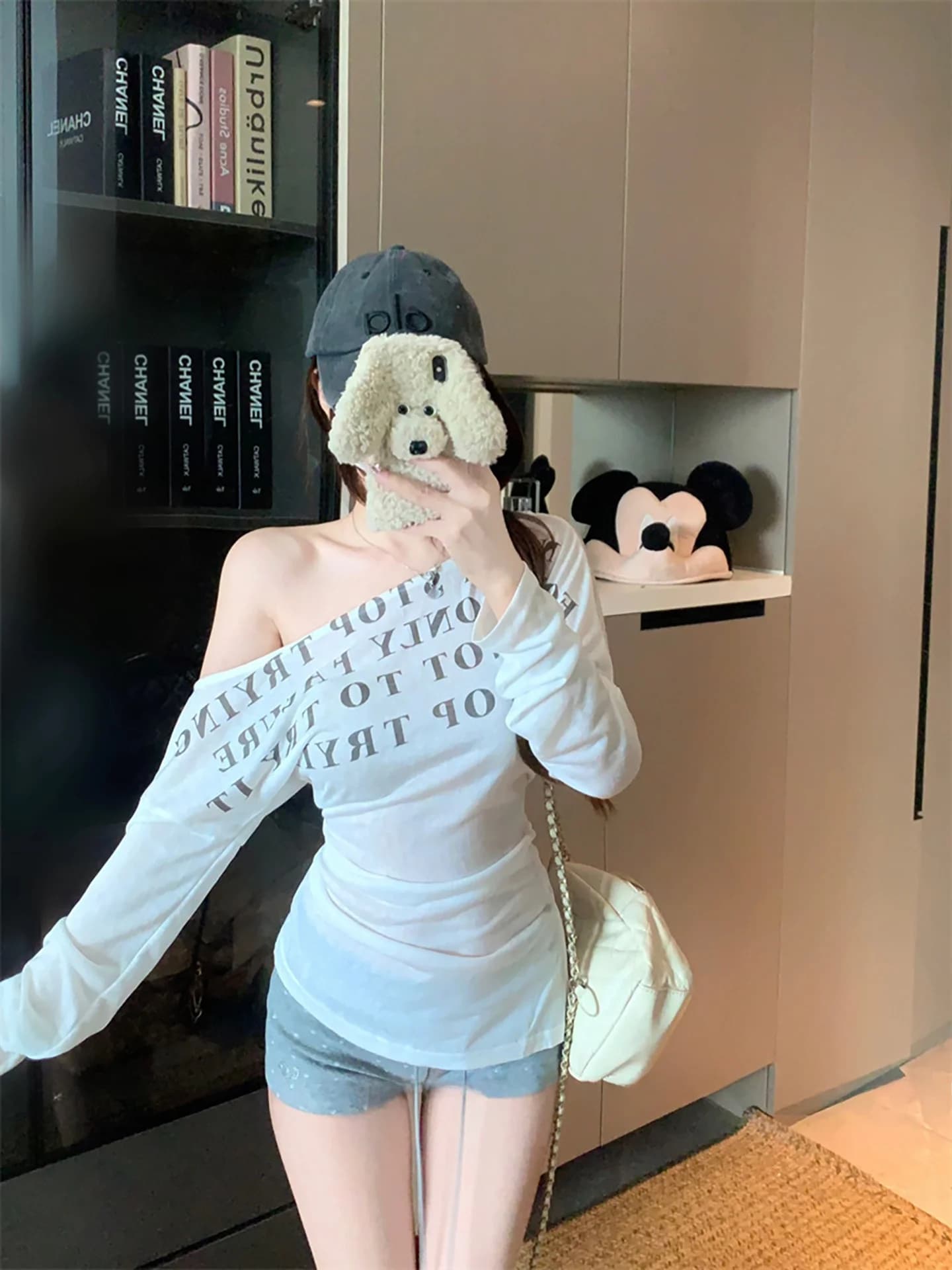 Summer New Style Sexy Letter Print Long Sleeve T-Shirt Shoulder Baring Thin Retro Belted Top for Women Casual Streetwear