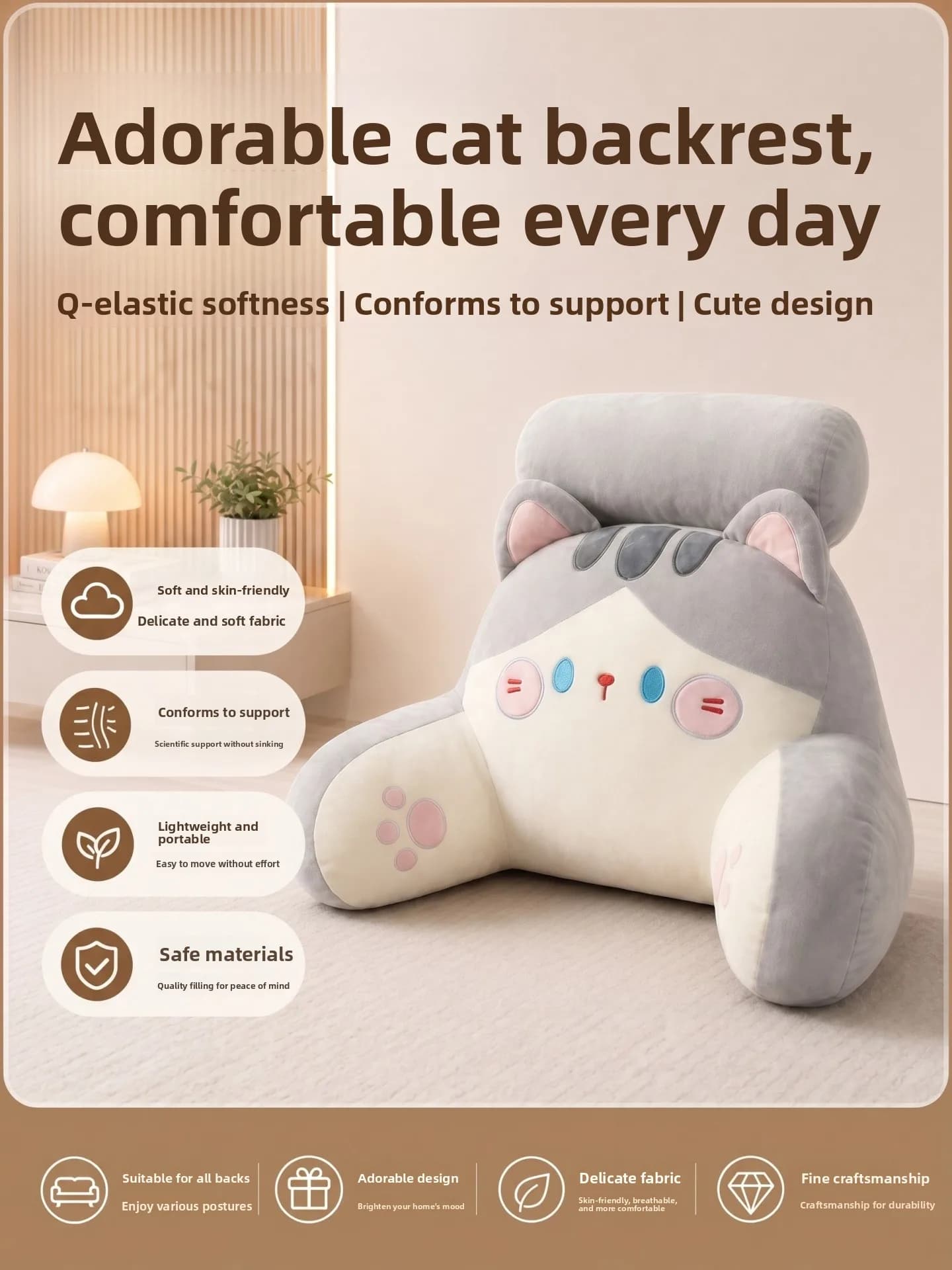 Cuscino Morbido in Peluche Grigio per Schienale, Poggiatesta Letto, Supporto Lombare Divano, Cuscino Decorativo per la Casa