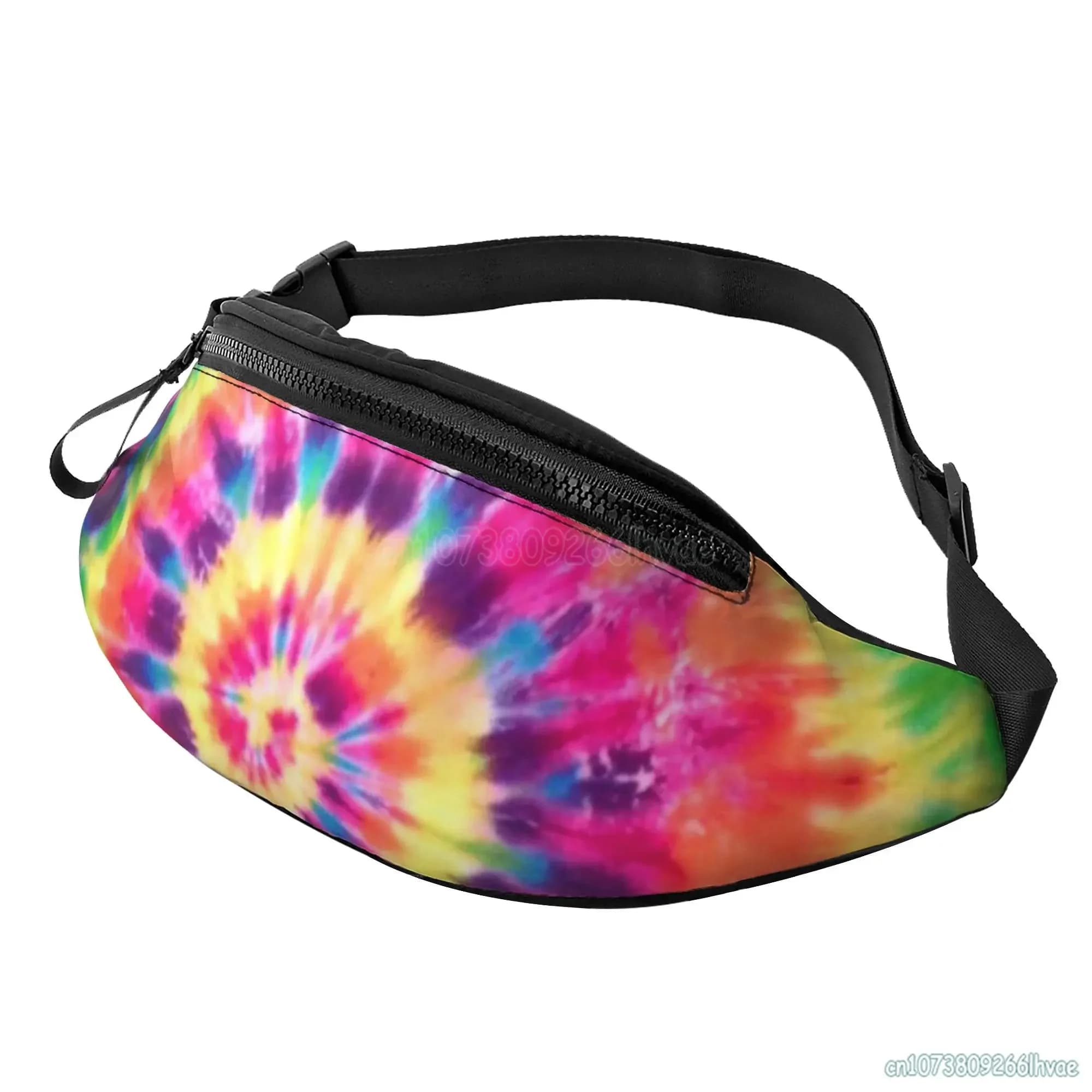 Marsupio casual con motivo vorticoso tinto in massa arcobaleno, marsupio durevole, allenamento all'aperto, corsa, escursionismo, ciclismo, viaggi e uso quotidiano