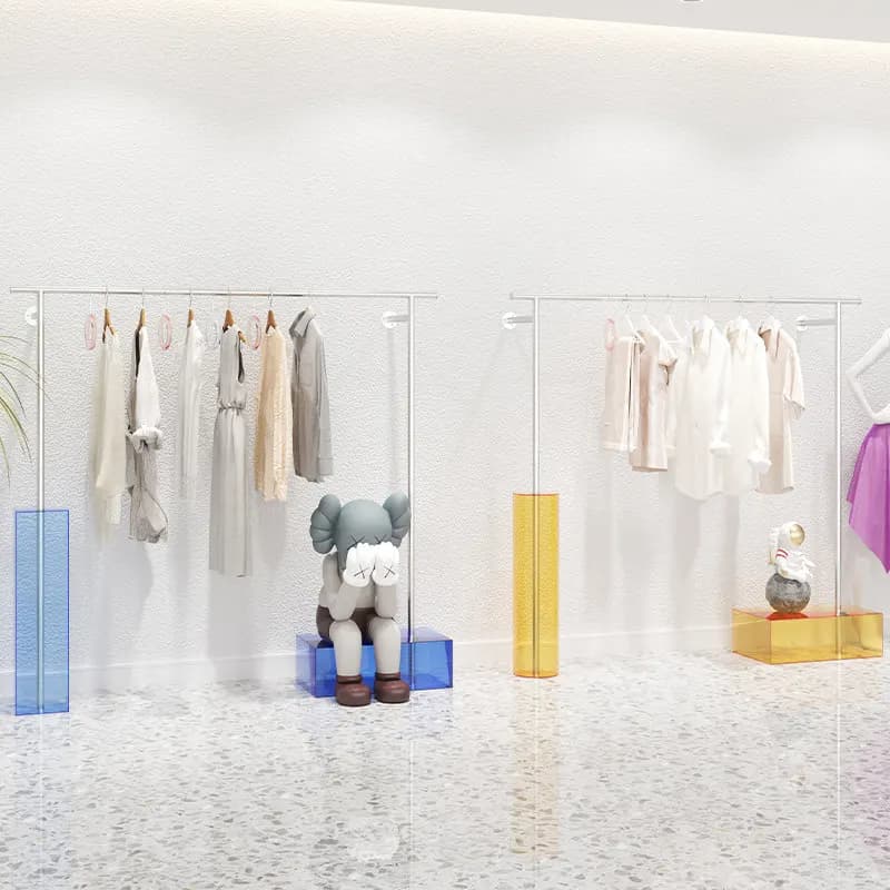 Acrylic exhibitor for clothing store, ground shelf, wall coat hangers, stainless steel side coat hangers, clothes rack