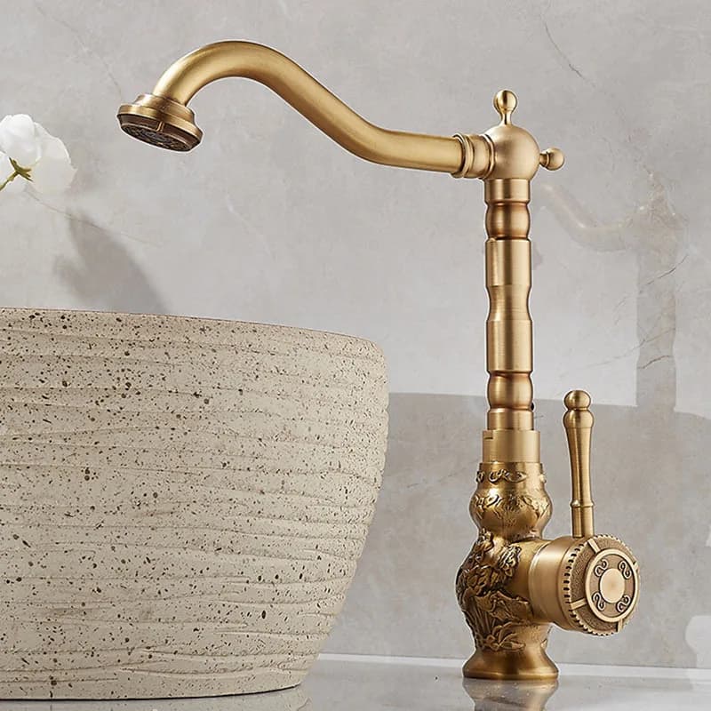 Rubinetto per lavabo in ottone antico Miscelatore monocomando Design con intaglio Beccuccio girevole per lavabo da bagno