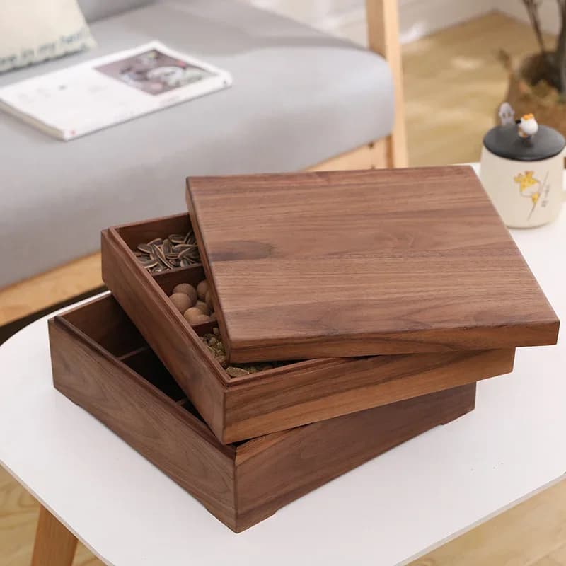 Scatola di caramelle in legno massello di noce a doppio strato creativa con vassoio con coperchio, scatola di immagazzinaggio per bacino di frutta secca