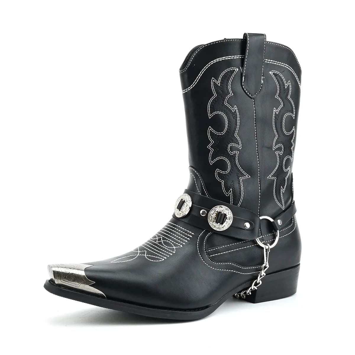 Men's Western Leather Boots with Metal Embroidery Midsole round Buckle Circular Ring Chain Strap Outdoor Knight Style