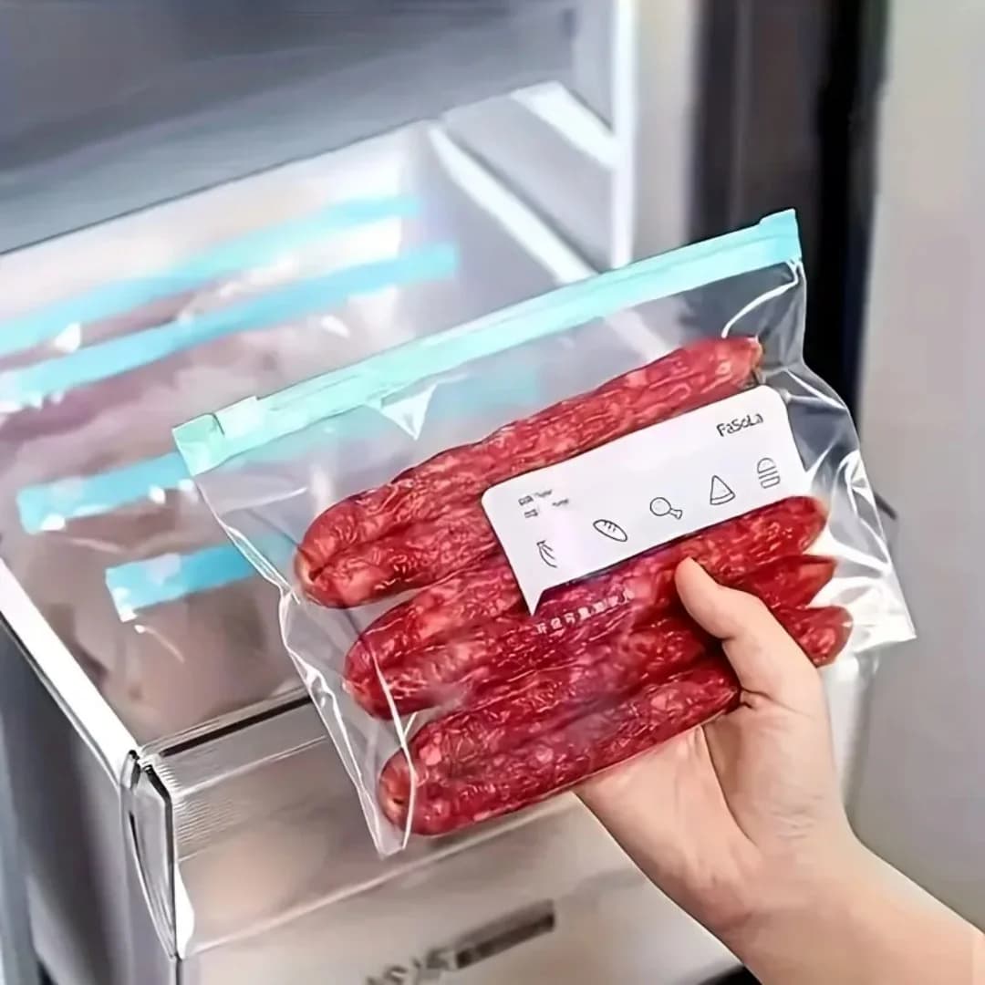 60pcs 3 Different Size Reusable Food Storage Bags, Clear Plastic with Teal Seal, Eco-Friendly Kitchen Container for Fruits, Vegetables, Beans, Snacks, Meal Prep with Label Area