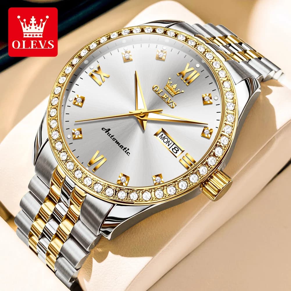 OLEVS7012 Orologio automatico da uomo con diamanti Orologio da polso meccanico originale di marca di lusso Orologio da polso con calendario impermeabile in acciaio inossidabile