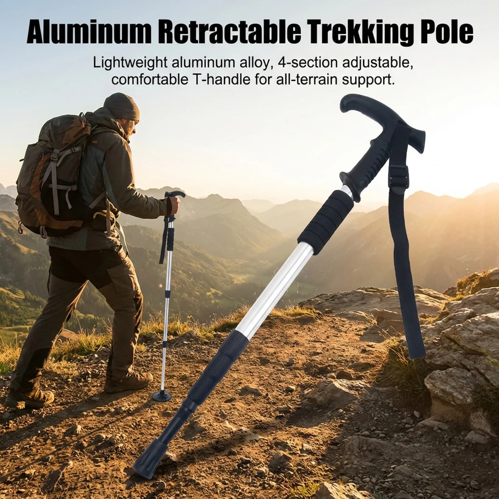 Trekking poles in Aluminium Alloy, Height Adjustable 54-110cm, for Camping, Hiking, Climbing in Mountain, Travel, with T Handle