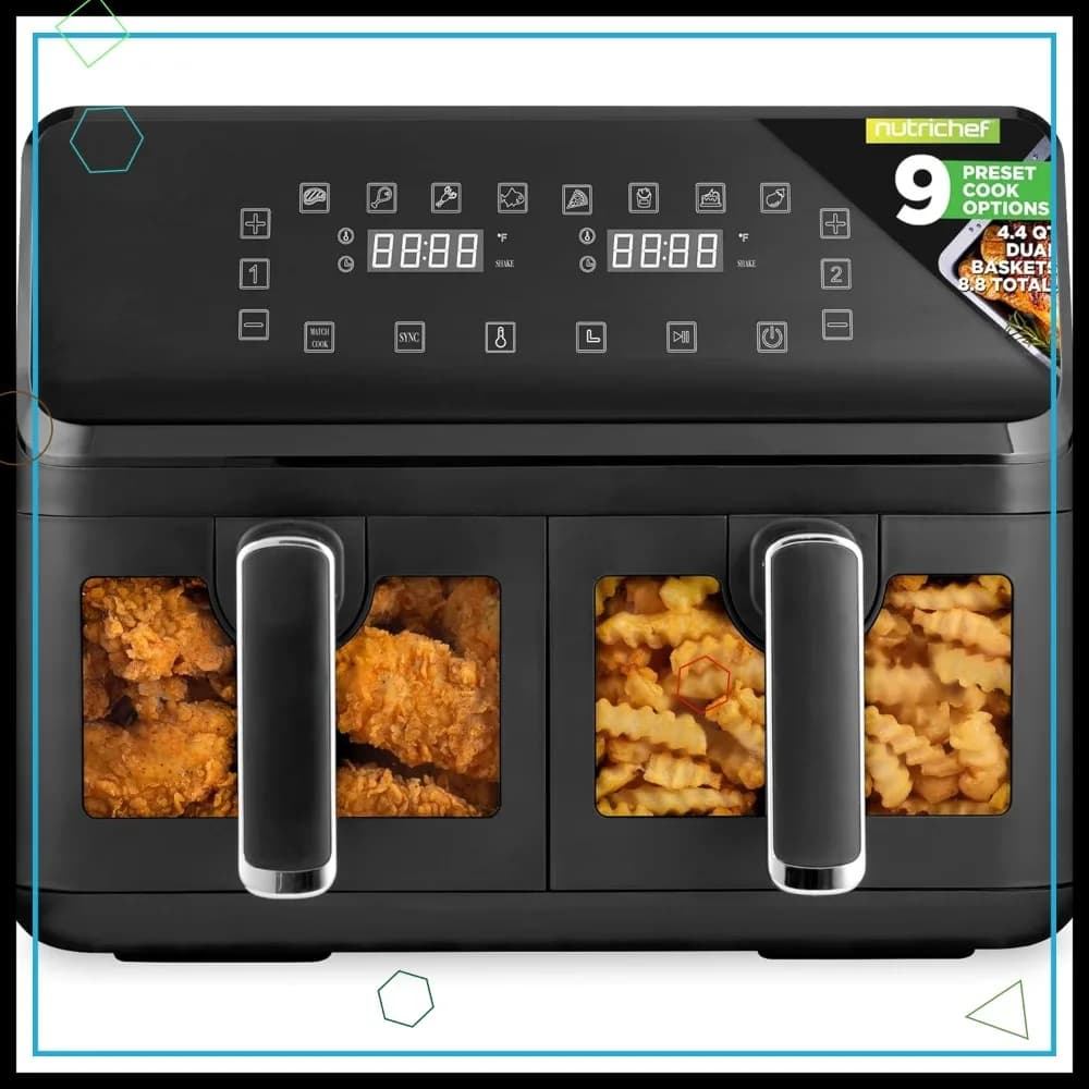 Friggitrice ad Aria a Doppio Cestello da 8,8 QT, Formato Famiglia Senza Olio, 9 Programmi Preimpostati, Finestra Trasparente, 360° ° Aria calda, nera