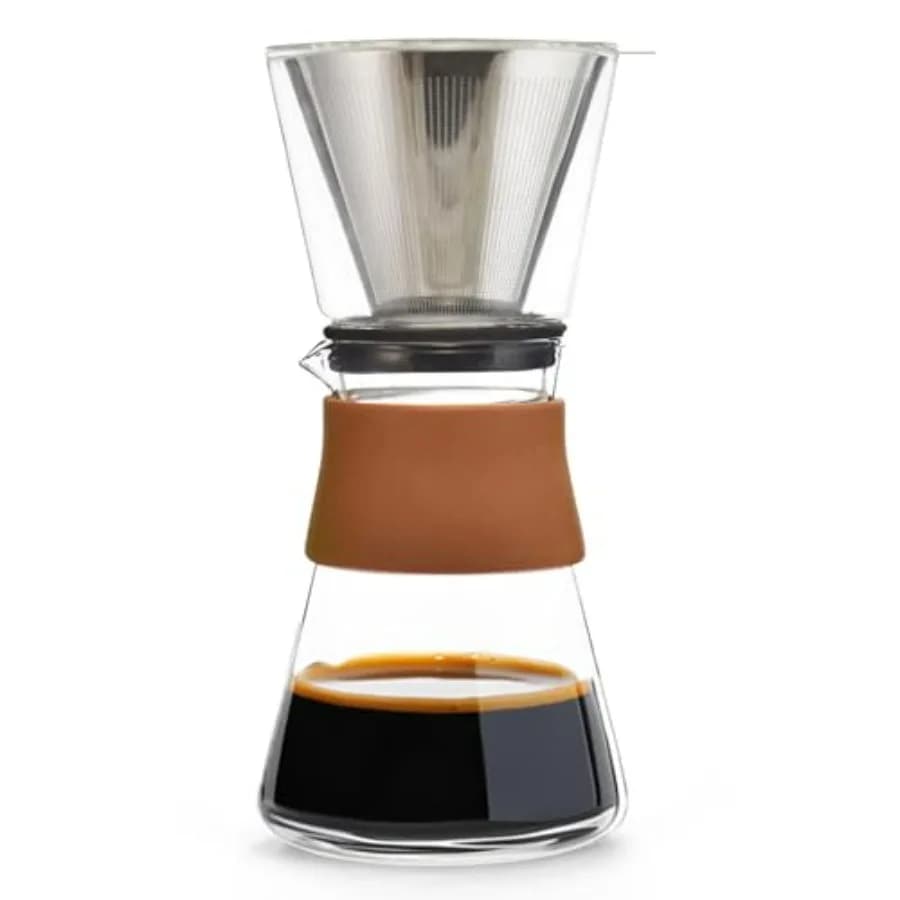 Amsterdam Glass Pour Over - Single Cup Manual Counter with Removable Glass Top and Stainless Steel Permanent Filter