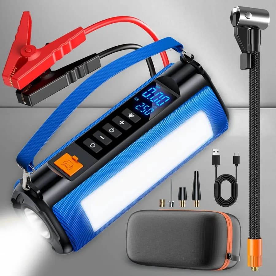 Avviatore di emergenza 5000A con compressore d'aria per veicoli 12V: pacco di avviamento di emergenza per batteria per auto portatile con gonfiatore per pneumatici 150PSI 4 Mod