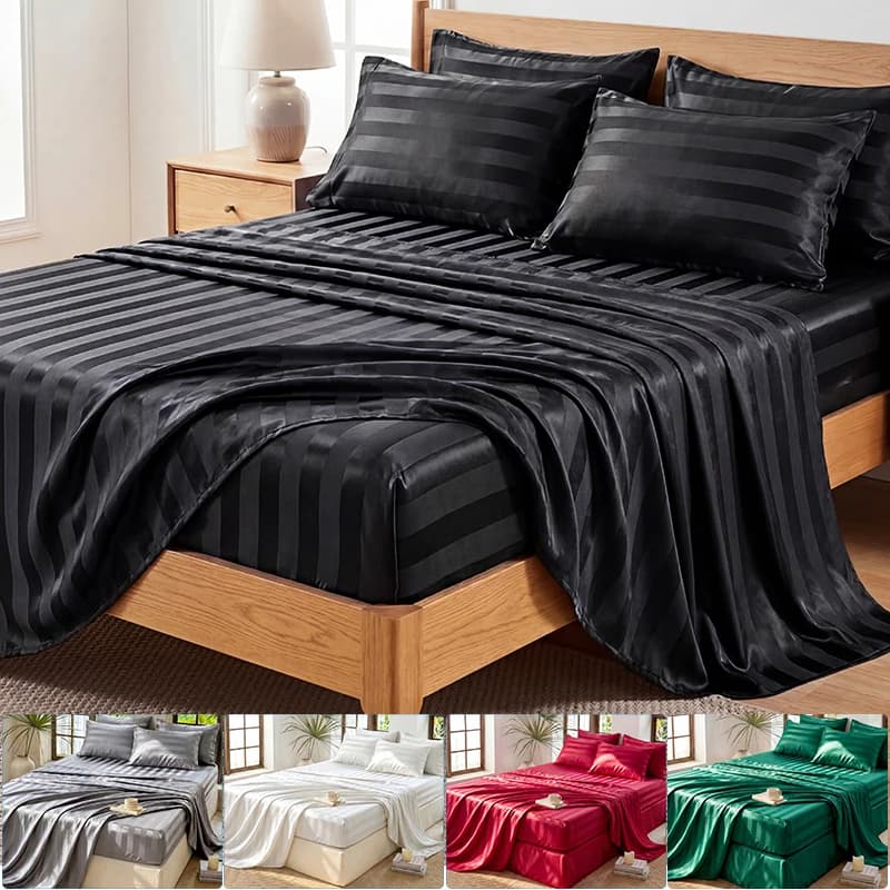 Set di Lenzuola a Righe in Raso, Set di Lenzuola di Lusso a Righe Effetto Seta con Lenzuolo con Angoli, Lenzuolo Piatto e Federe, Biancheria da Letto Resistente alle Pieghe
