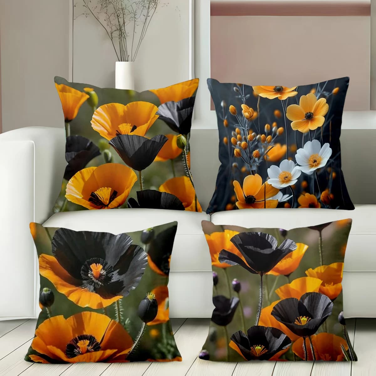 Cuscini decorativi con motivi floreali, fiori arancioni e neri, federa in poliestere, cuscino decorativo per divano, cuscino per testiera