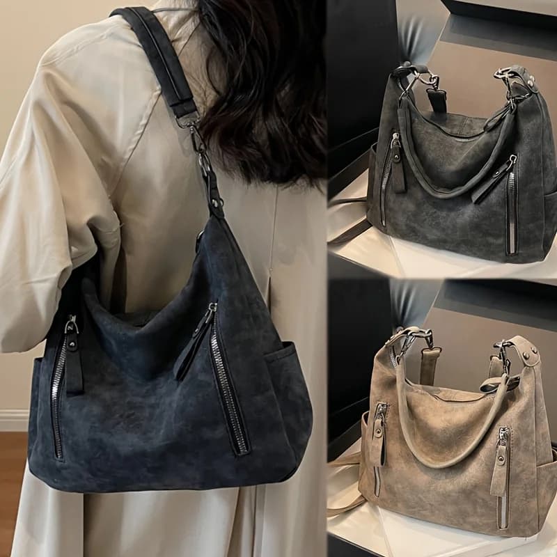 Vintage Synthetic Faux Leather Handbag with Multiple Pockets Large Capacity Zipper Closure Adjustable Strap Golden Tone Hardware