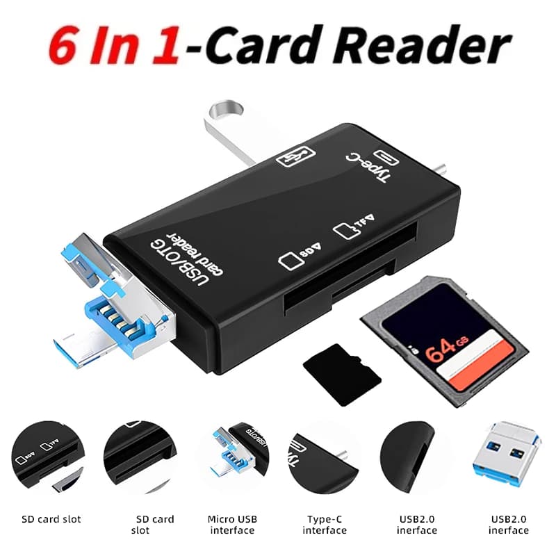 Lettore di schede Lettore di schede USB Typc C 6 in 1 USB 2.0 TF/Mirco SD Lettore di schede di memoria intelligente Tipo C OTG Flash Drive Adattatore per lettori di schede