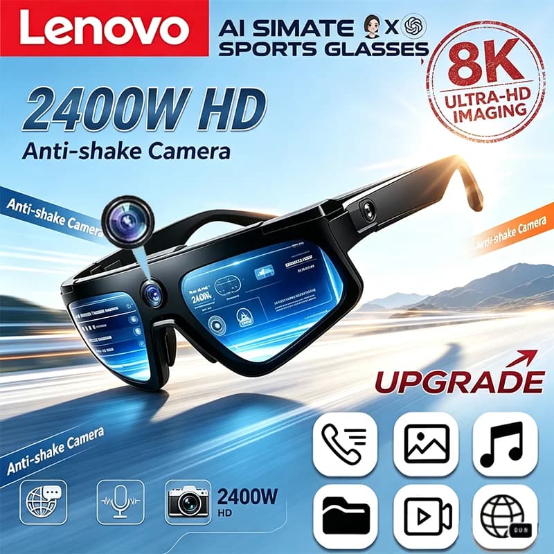 Lenovo 2400W Anti‑shake Cycling Sport Sunglasses ChatGPT Camera Photo AI Smart Glasses 1080P Video DualMic 32GB Windproof Goggle