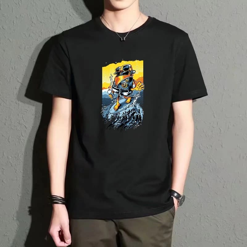 Men's Black Round-Neck Short-Sleeved T-Shirt, Cartoon Surf Print Loose Top, Street Fashion Casual Versatile Item, Breathable and Comfortable for Everyday Outings