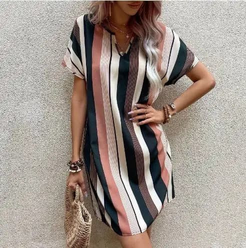Summer 2023 V-neck Striped Print Short Sleeve Dress Casual Loose Waist A-line Skirt Independent Station New Arrival Women's D...