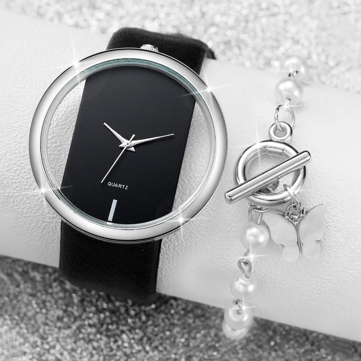 Women's Fashion Hollow Large Dial Quartz Watch With Women's Leather Strap