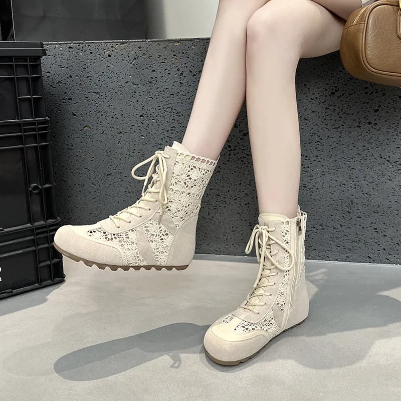 Nuovi Stivaletti Casual da Donna Primavera Estate 2026 con Tacco 6CM, Design Traforato e Inserti in Pizzo, Suola Morbida e Chiusura a Cerniera