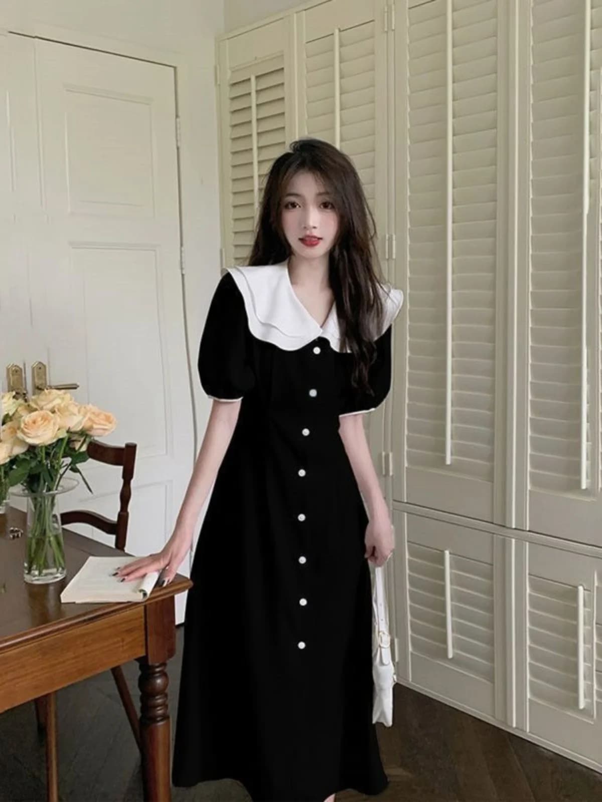Abito estivo Hebe Style a doppio strato con colletto a balze e bottone singolo, nuovo modello taglie forti che nasconde le imperfezioni, vestito chemisier slim, gonna midi a trapezio