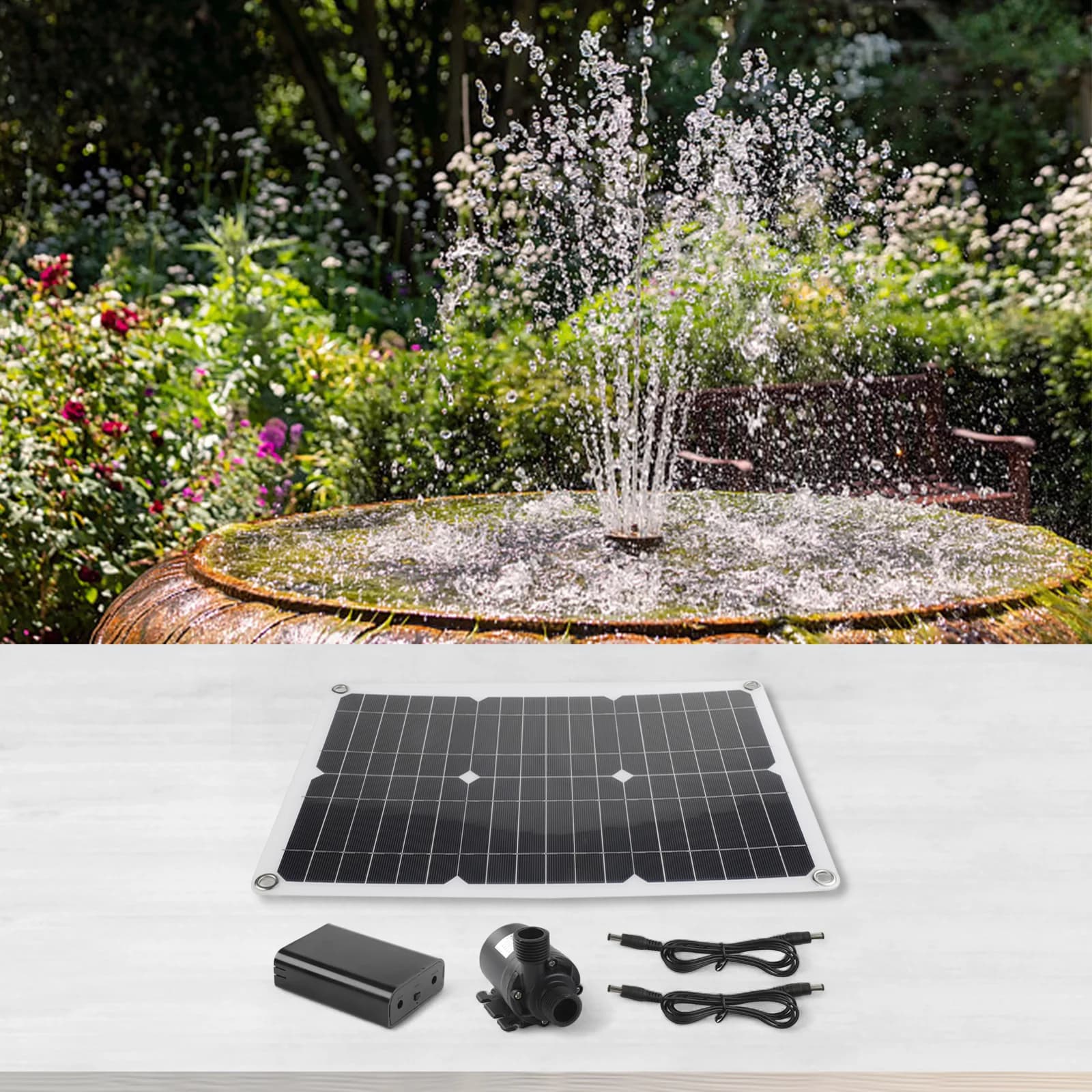 Pompa per fontana Pompa acqua senza spazzole Pannello solare da 20 W Opzione di backup della batteria Design compatto Installazione semplice Funzionamento a basso rumore