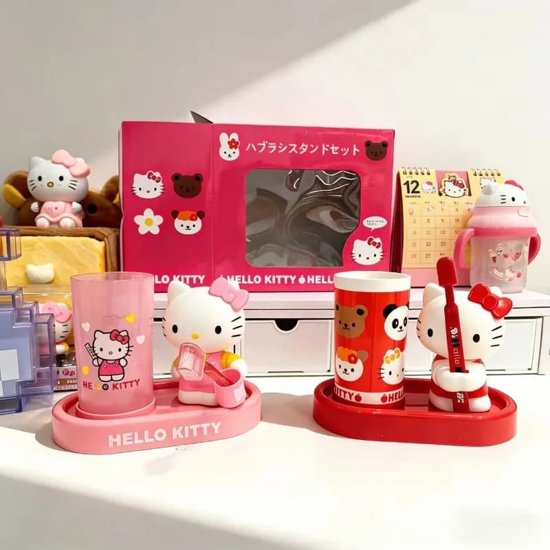Set di Tre Pezzi Anime Kawaii Hello Kitty: Portaspazzolino e Bicchiere per Collutorio, Confezione Regalo per Bagno