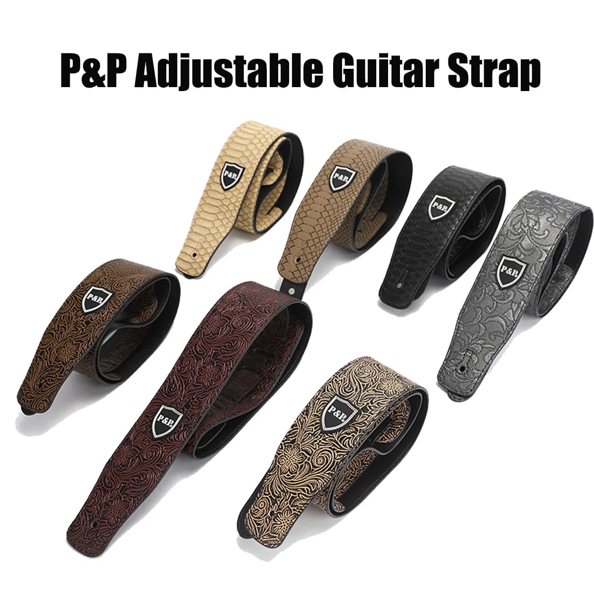Tracolla per chitarra professionale P&P | Poliestere antirughe | Regolabile 33,8"-54,7" (86-139 cm) | Estremità in pelle + clip per prelievo nascosta