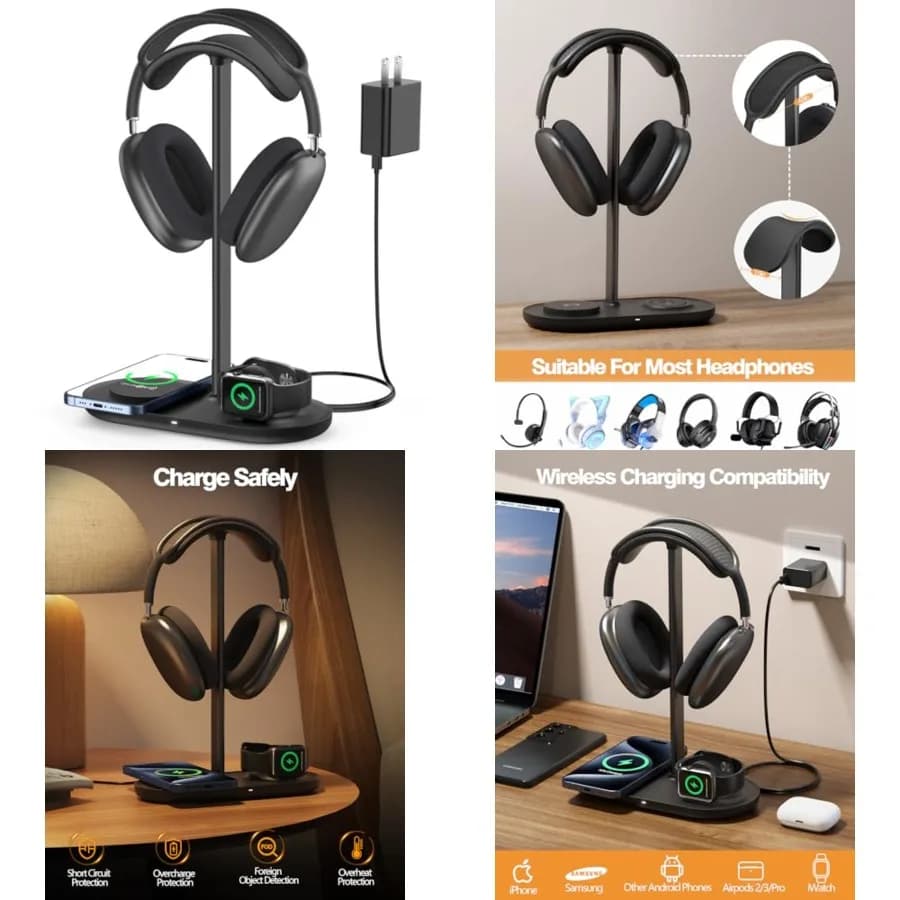 Supporto per cuffie, caricabatterie wireless 2 in 1 per iPhone/Apple Watch, asta in lega di alluminio, organizer da scrivania minimalista