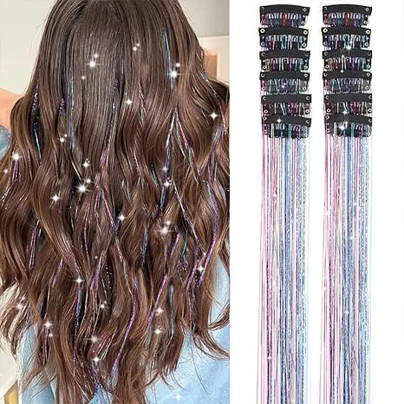 6/12PCS Hair Wiper Set Glossy Hair Accessories Glitter Colorful Hair Clip-in 20 Inch Hair Extensions Tinsel Hair Wig for Women Girls Party