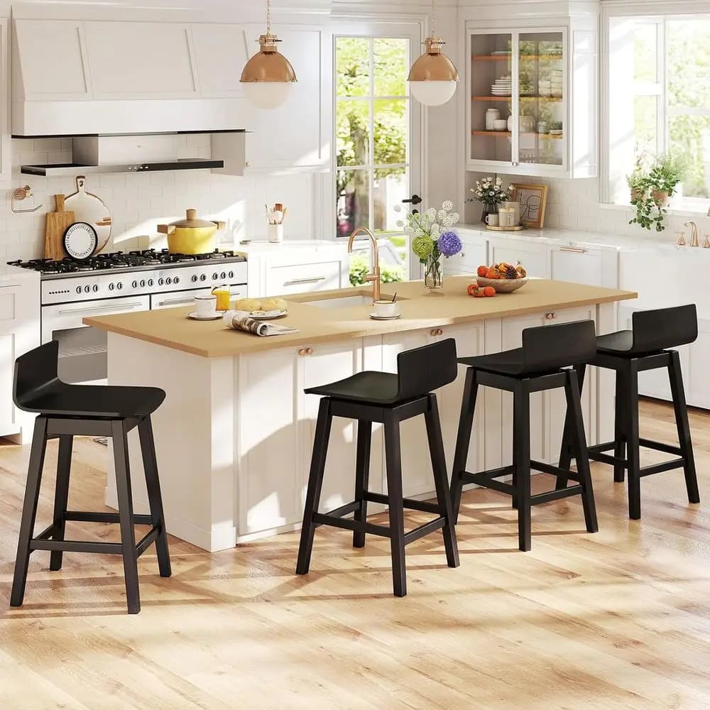 Set of 4 24.5 Wooden Counter Height Bar Stools with Rubber Wood Legs, Low Back, Footrest, for Dining Room, Kitchen Island, or Pu
