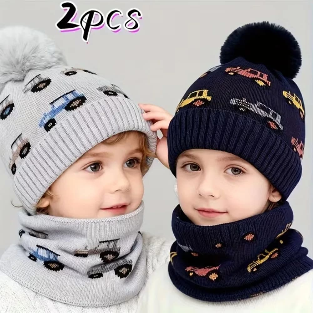Set cappello e sciarpa invernale per ragazzi e ragazze da 3-8 anni, 2 pezzi, spesso, resistente al freddo, elastico elasticizzato per il calore Leggero per tutti i giorni all'aperto