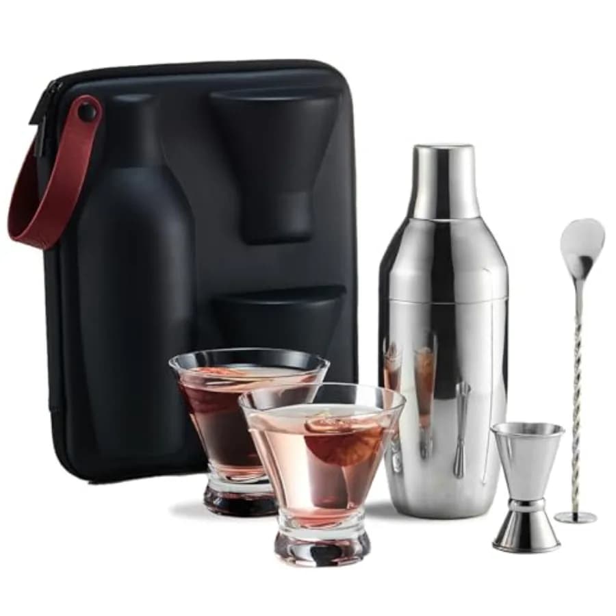 Cocktail Shaker Set with Carry Case: Vacuum Insulated Martini Shaker with Built-in Strainer 2 Martini Glasses Measuring Jigger