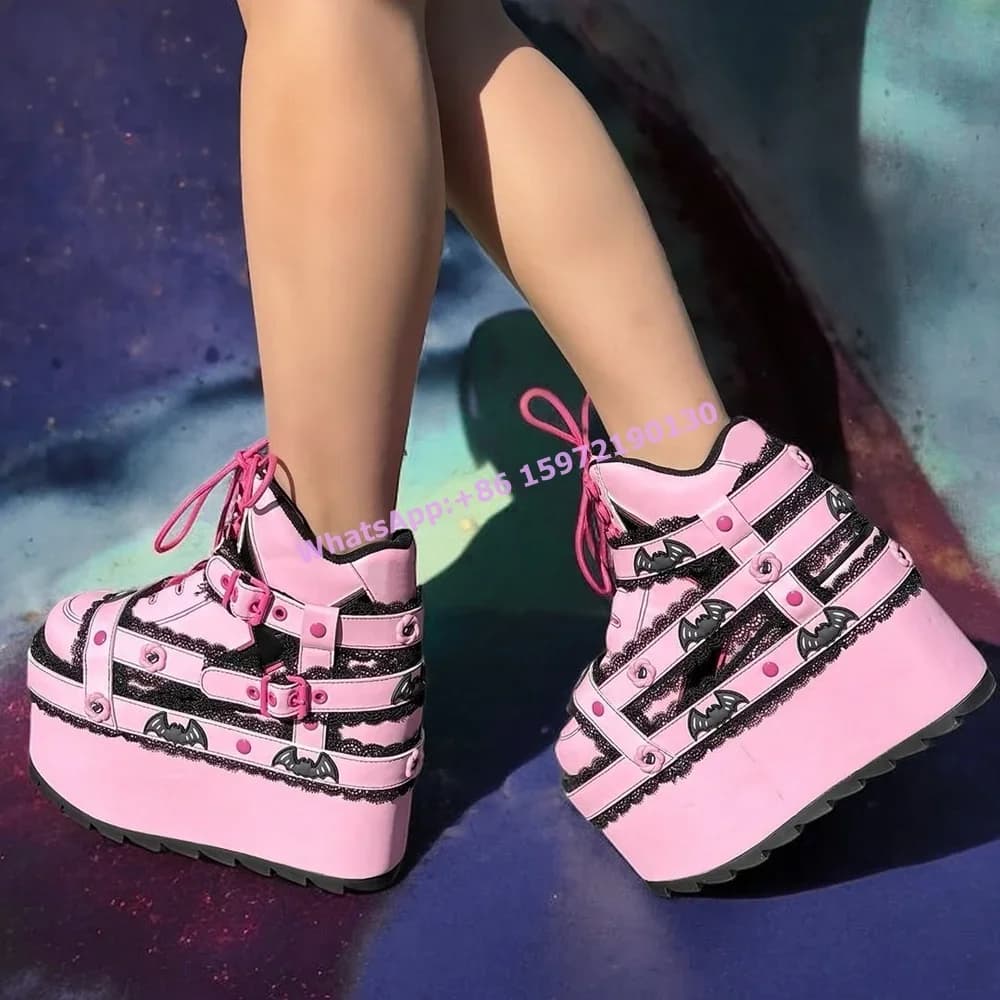 Pillar boots with lace belt black pink Round Toe Platform with thick sole Stringed Boots Sweet style Women's shoes Winter