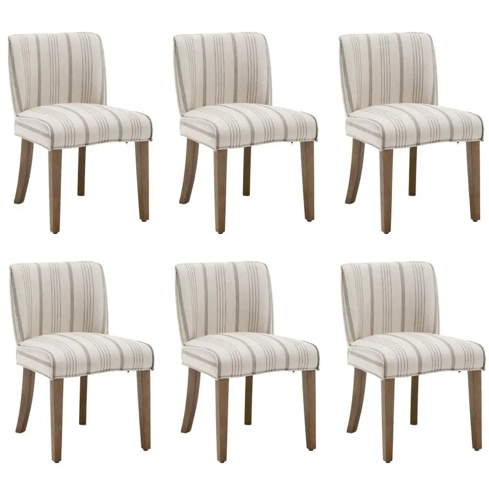 Set di 6 Sedie da Cucina in Tessuto di Lino Kaki a Righe con Gambe in Legno di Noce, Schienale Imbottito, Sedie Laterali Moderne e Rustiche