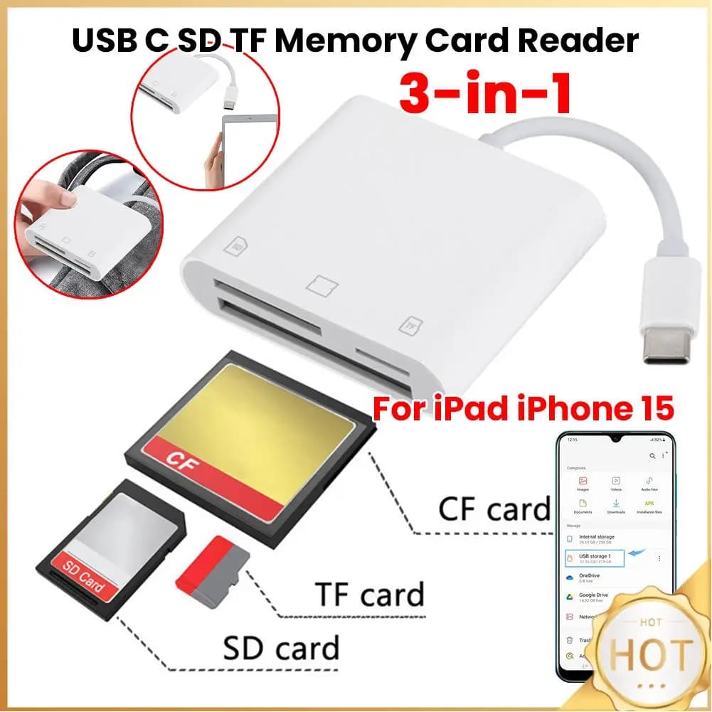 Adattatore 3-in-1 da USB-C a CF/SD/TF, Lettore di Schede di Memoria per iPad, iPhone 15, MacBook e Altri Dispositivi USB-C